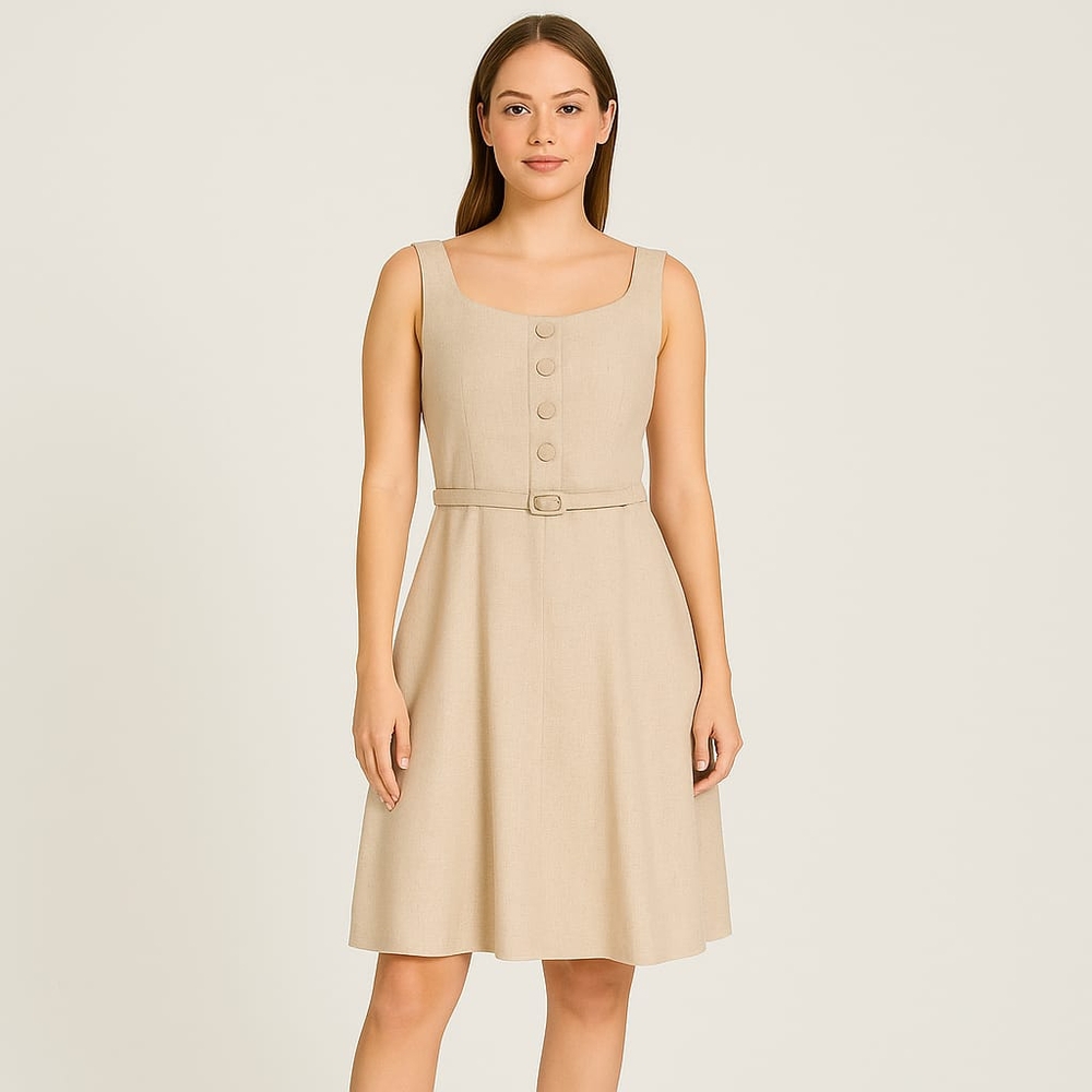 Eva Mendes Beige Sleeveless Scoop Neck Front Button & Belted Dress Size 10